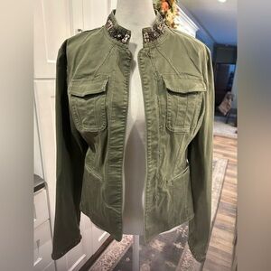 Apt. 9 Womens Military Utility Jacket Size S Green Y2K Pockets Sequins Beaded